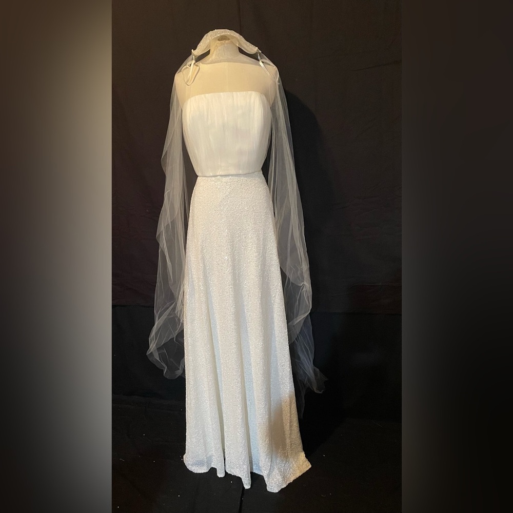 Ivory Designer 2 Piece Wedding Gown Dress Sequin Skirt with Veil NWT